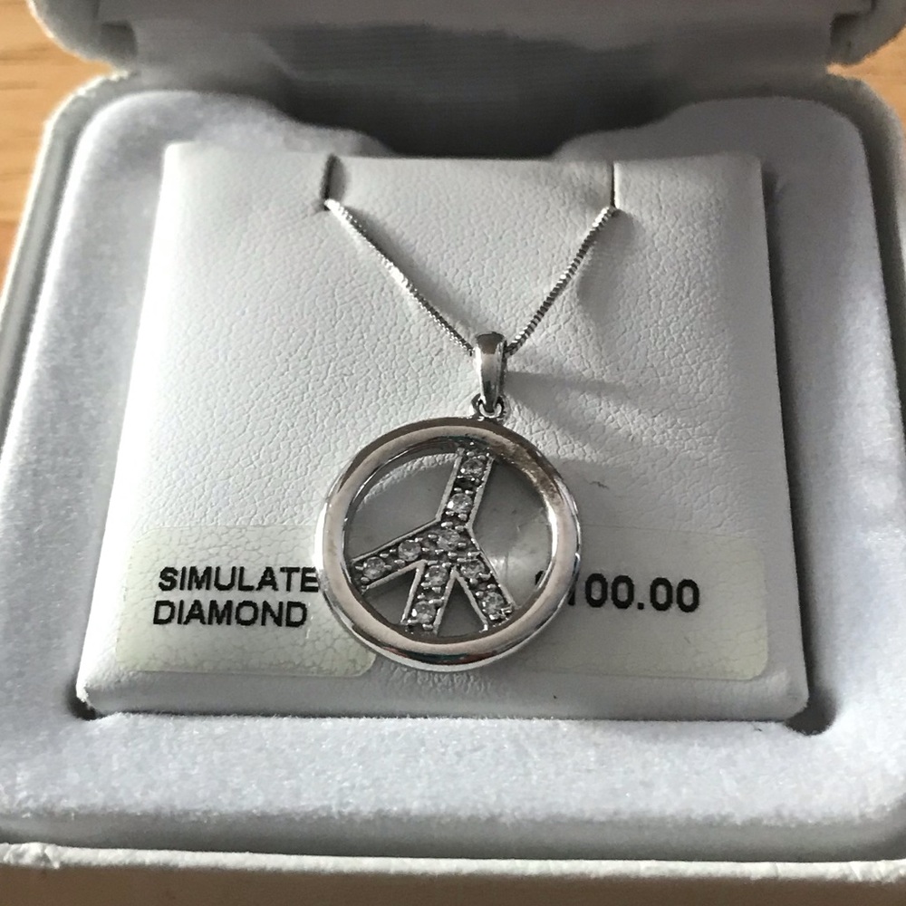 Sterling Silver Box Ch. Cubic Zir. “Peace” Necklac